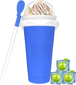 Slushy Maker Cups, DIY Magic Slushy Maker Squeeze Cups, Portable Smoothie Squeeze Cup for Juices, Milk and Ice Cream Make, Double Layers Silicone Slushie Cup with Straw for Friends,Family Gifts(Blue)