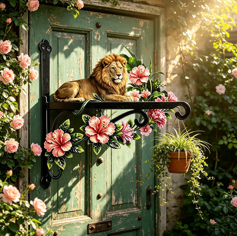 limited edition lion and hibiscus print hanging planter stand. Suitable for porch fences, backyards, balconies, and gardens; ideal for gardening enthusiasts and home owners，  temp-tations outdoors，   garden decoration supply