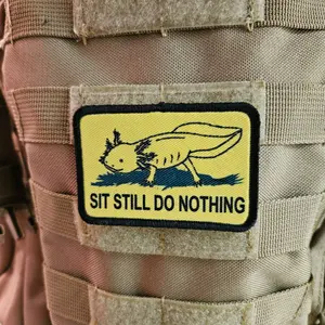 gadsden flag parody axolotl sit still do nothing meme 2"x3" removable morale patch with hook and loop backing