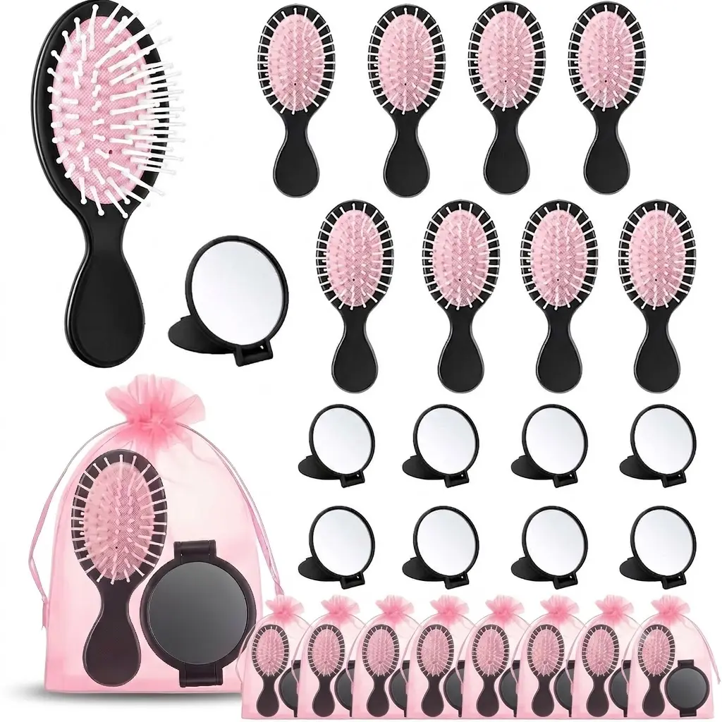 24 Pcs Mini Hair Brush and Small Makeup Mirror Bulk Set,Portable Travel Cute Air Cushion Hairbrush and Folding Compact Mirror with Gift Bags for Women Girls Spa Party Favors Bridesmaid Gifts