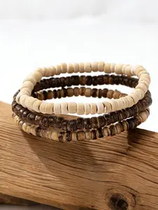 3pcs Boho Style Coconut Shell Elastic Bracelet Set, Multi-Color Wooden Beads Stackable Design Bracelets, Beaded Bracelets, Bohemian Bracelets, Perfect for Daily Wear or Vacation