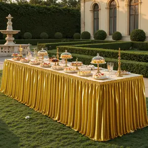 Gold Glitter Satin Table Skirt for 6Ft/9Ft Rectangle Tables - Shiny Pleated Ruffle Desk Skirting, Smooth Wrinkle-Free Classic Home & Wedding Decoration