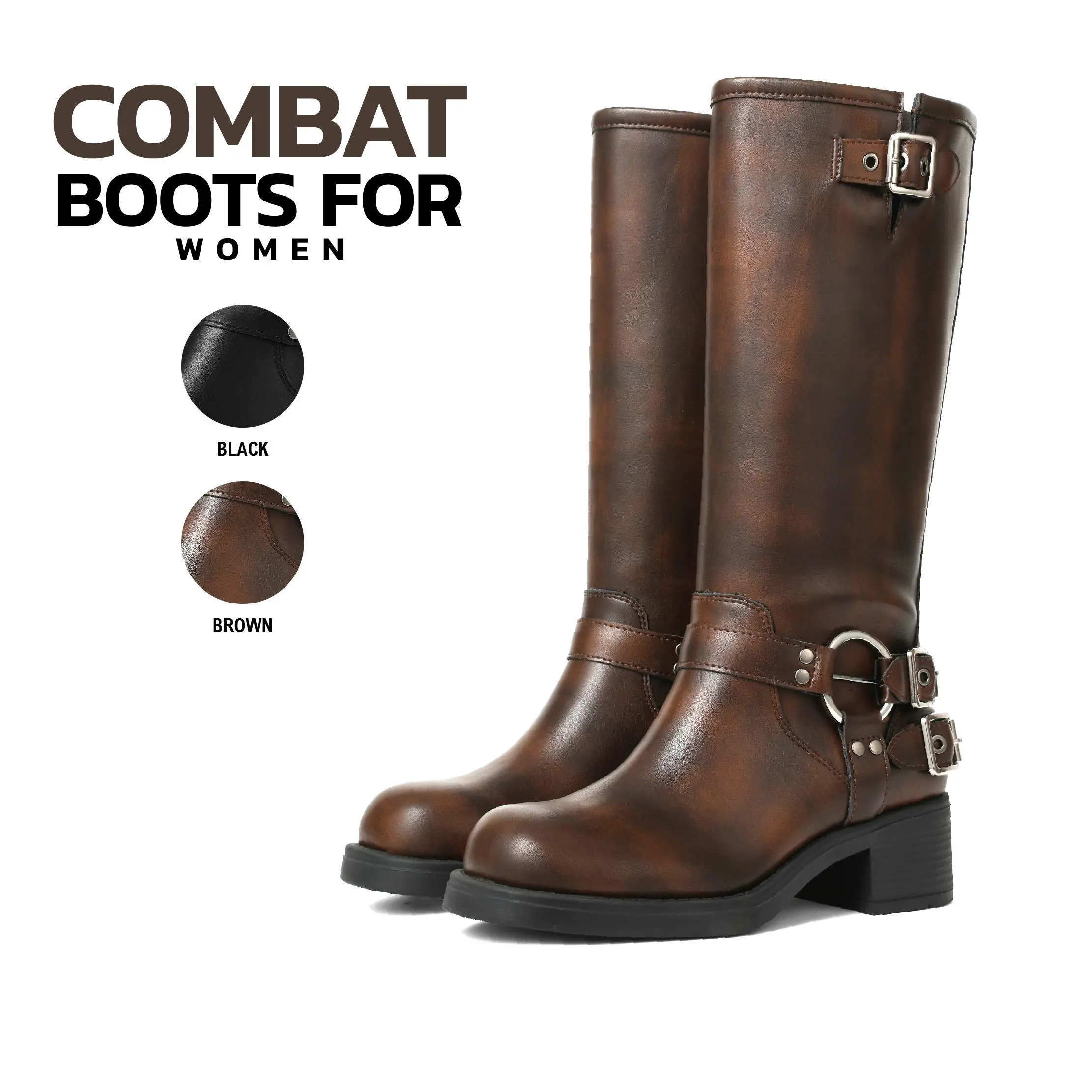 Women Knee High Boots Combat Round Toe Chunky Block Heel Metal Buckles Strap Harness Boots Pull On Vintage Classic Punk Retro Chic Old Money Style Comfy Biker Riding Casual Shopping Travel City Walk Date Country Club Fashion Tall Modern Boots Summerwins