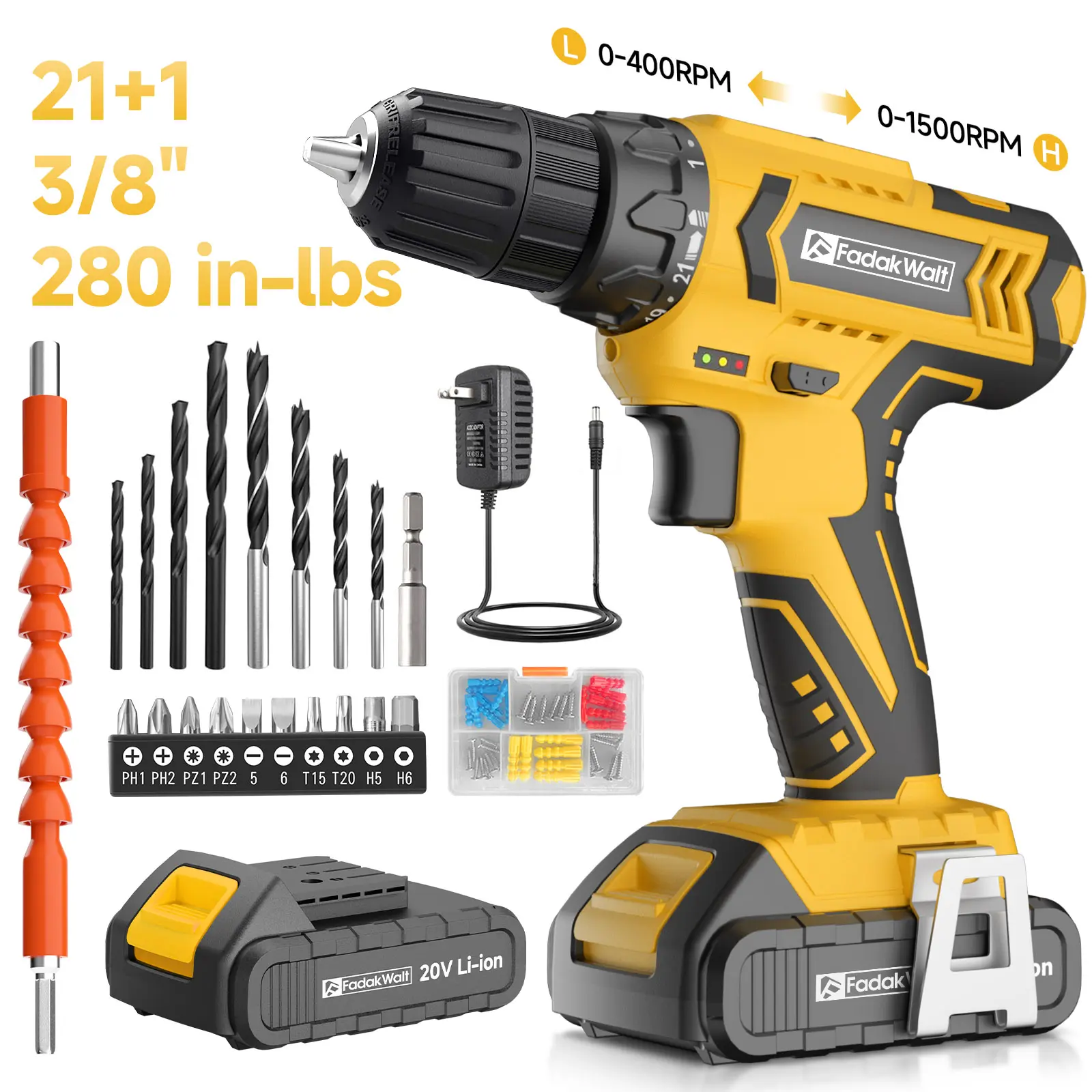 FADAK WALT 20V Cordless Drill Set, Electric Screwdriver, Household Power Tool Kit