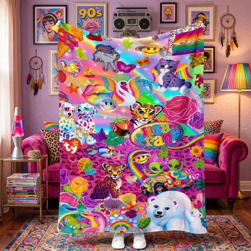 Lisa Frank Collage Character Blanket Vibrant Flannel Throw Unicorns Winged Cats Tigers Aliens Neon Rainbow 90s Style Bedrooms Lounges Creative Breaks After School Rest Nostalgic Decor Air Conditioning Summer Dorm Couch Back to School