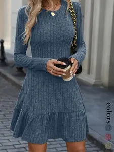 Women's Casual Wear Slim-Fit Long Sleeve Dress, Plain A-Line Design, Moderate Fabric, Perfect for Fall & Winter Seasons