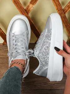 Women's Fashion Glitter Skate Shoes, Comfortable Breathable Low Top Lace-Up Casual Sneakers, Perfect for Halloween Christmas Gifts