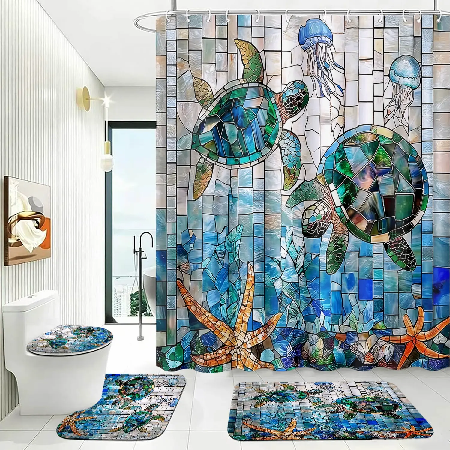 4pcs Stained Glass Sea Turtle Shower Curtain Set, Starfish Jellyfish Design, Ocean Coastal Bathroom Decor, Beach Themed Party Accessory