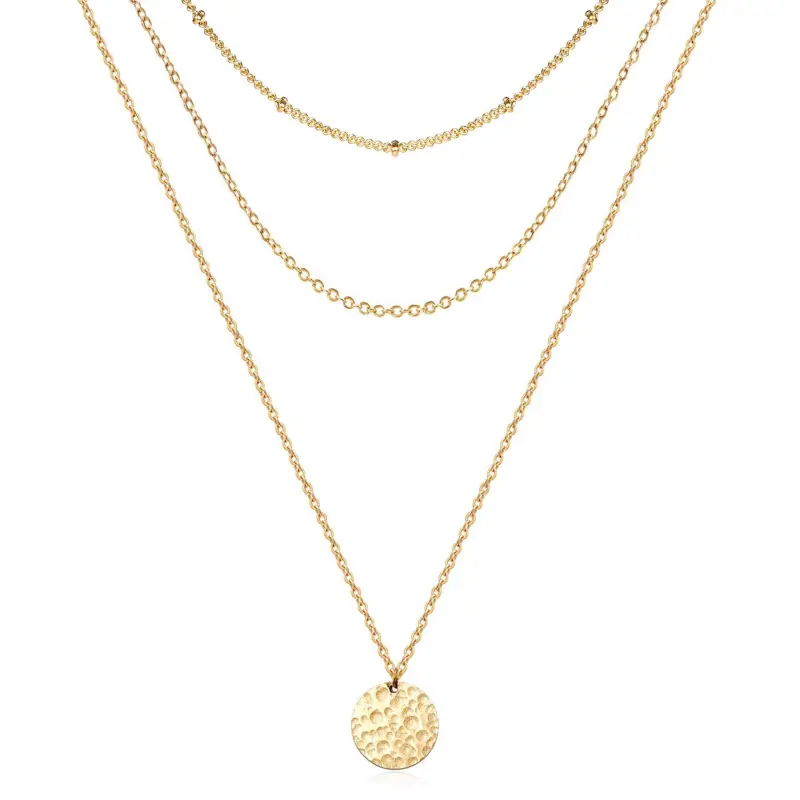 Women's Hammered Coin Layered Necklace Set - 14K Real Gold Plated Ball Chain Choker Necklace