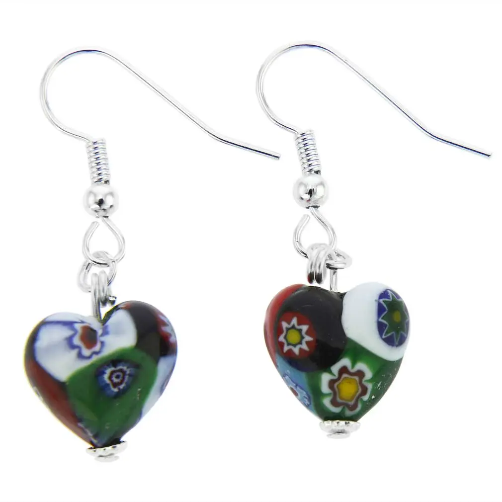 Female Handmade in Italy Glass Of Venice Murano Glass Mosaic Millefiori Heart Earrings - Silver, Romance & Valentine Collectibles