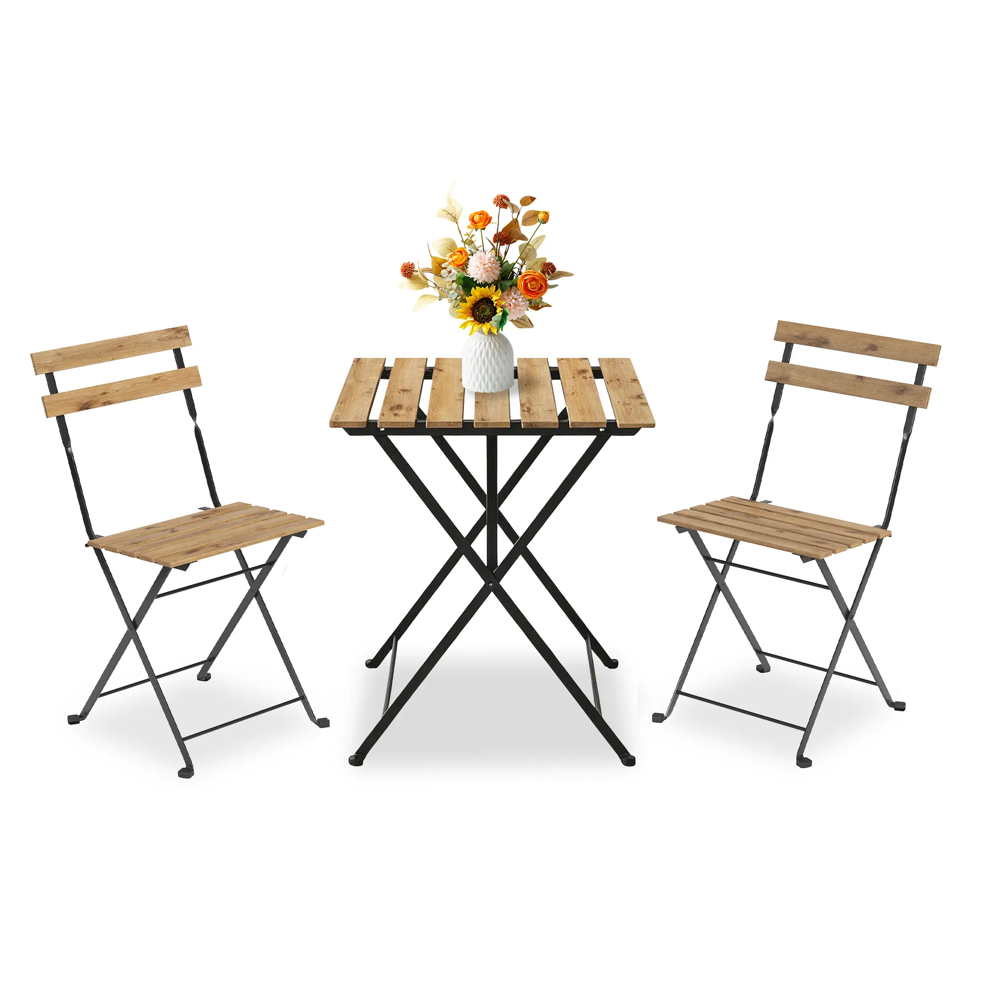 Space-Saving 3-Piece Folding Patio Bistro Set – Outdoor Metal Table and Chairs for 2 – Weather-Resistant, Ideal for Balcony, Garden or Porch – Natural Wood Finish