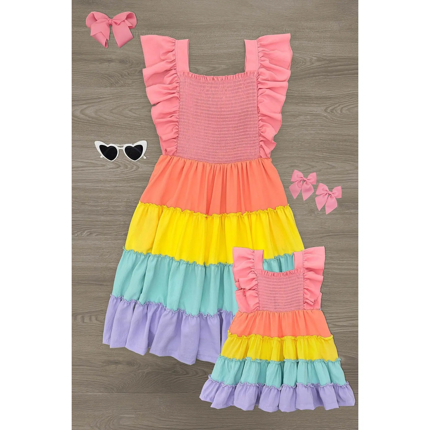 Mom & Me - Rainbow Pastel Ruffle Dress