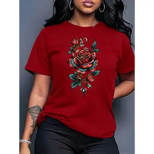 100% Pure Cotton, Women's Floral Short Sleeve Rhinestone Rose Print Round Neck Casual Elegant Romantic Summer T-Shirt, Fashionable Commuting Vacation Daily Versatile Top, Multiple Colors Available, Gift, Holiday Present