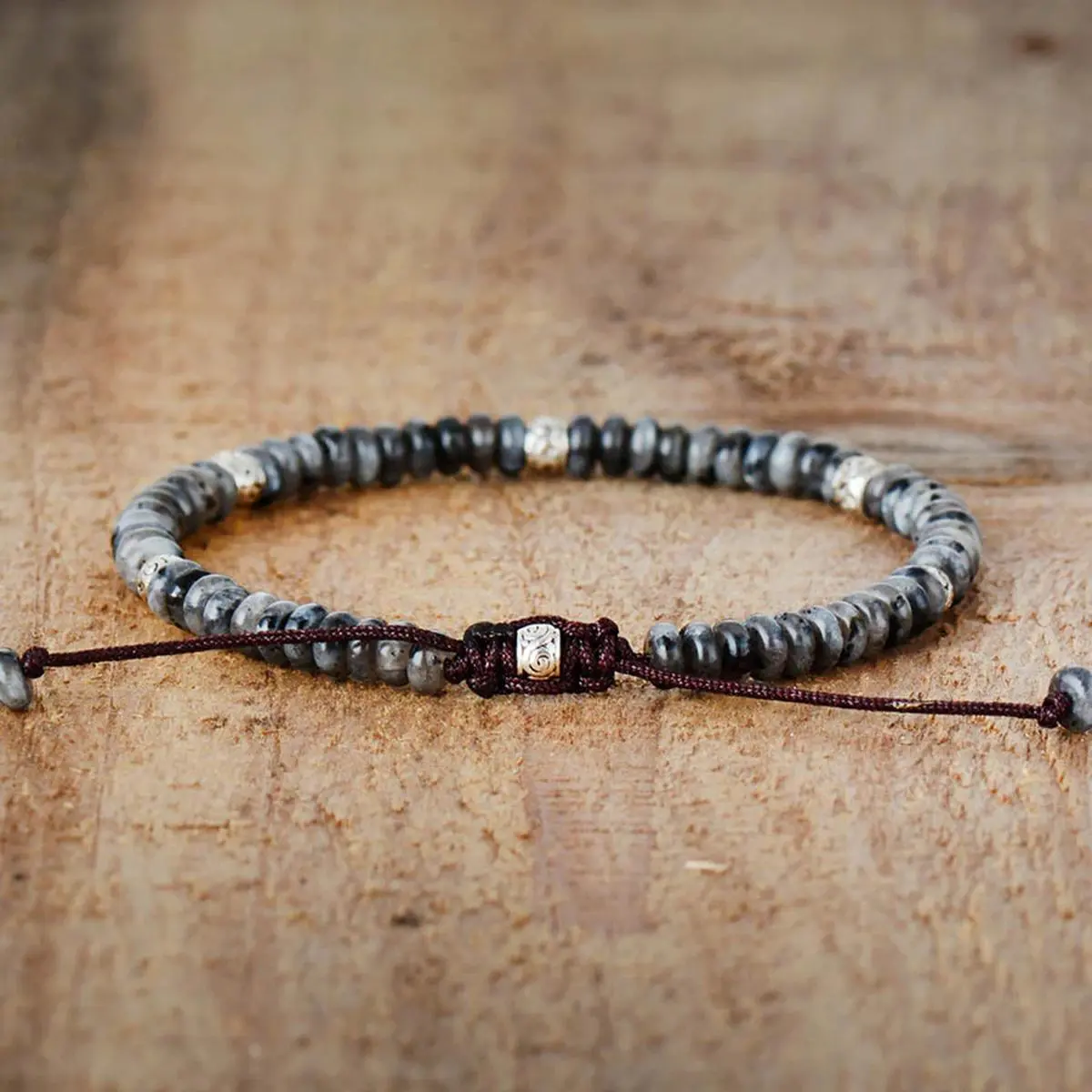 Men's Natural Larvikite Beaded Bracelet, Handmade Adjustable Viking Energy Gemstone for Grounding and Protection, Birthday or Father's Day Gift