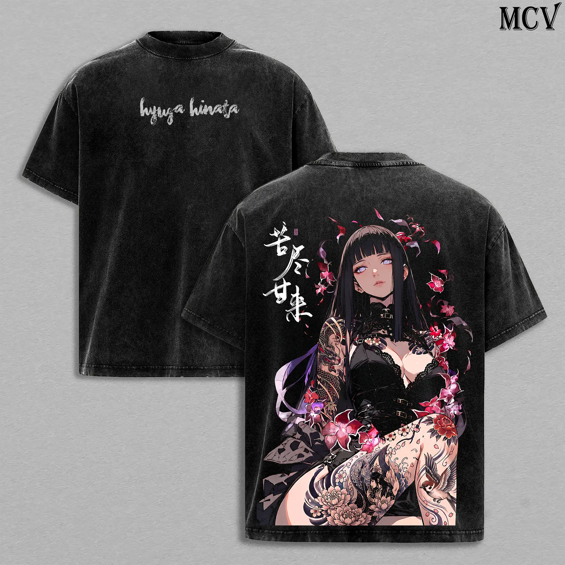 Hinata Hyuga Naruto T-Shirt – Hinata Hyuga Vintage Washed Tee, Byakugan Princess Hyuga Clan, Gothic Tattoo Art Anime Graphic T-Shirt, Heavy Cotton Oversized Streetwear for Men and Women