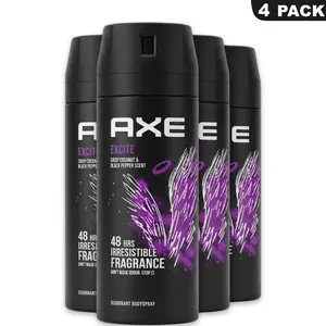 AXE Excite Deodorant Body Spray, 48-Hour Odor Control with Crisp Coconut & Black Pepper Scent, Daily Body Care for Men, 4-Pack (5.08oz/150ml)