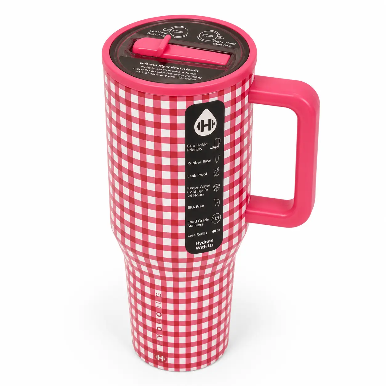 HydroJug Traveler 40oz Pink Gingham Stainless Steel Insulated Water Bottle with Handle, Flip Straw Lid, Double Wall Vacuum Leakproof Design, Cup Holder Friendly for Women, Gym & Daily Hydration, Checkered