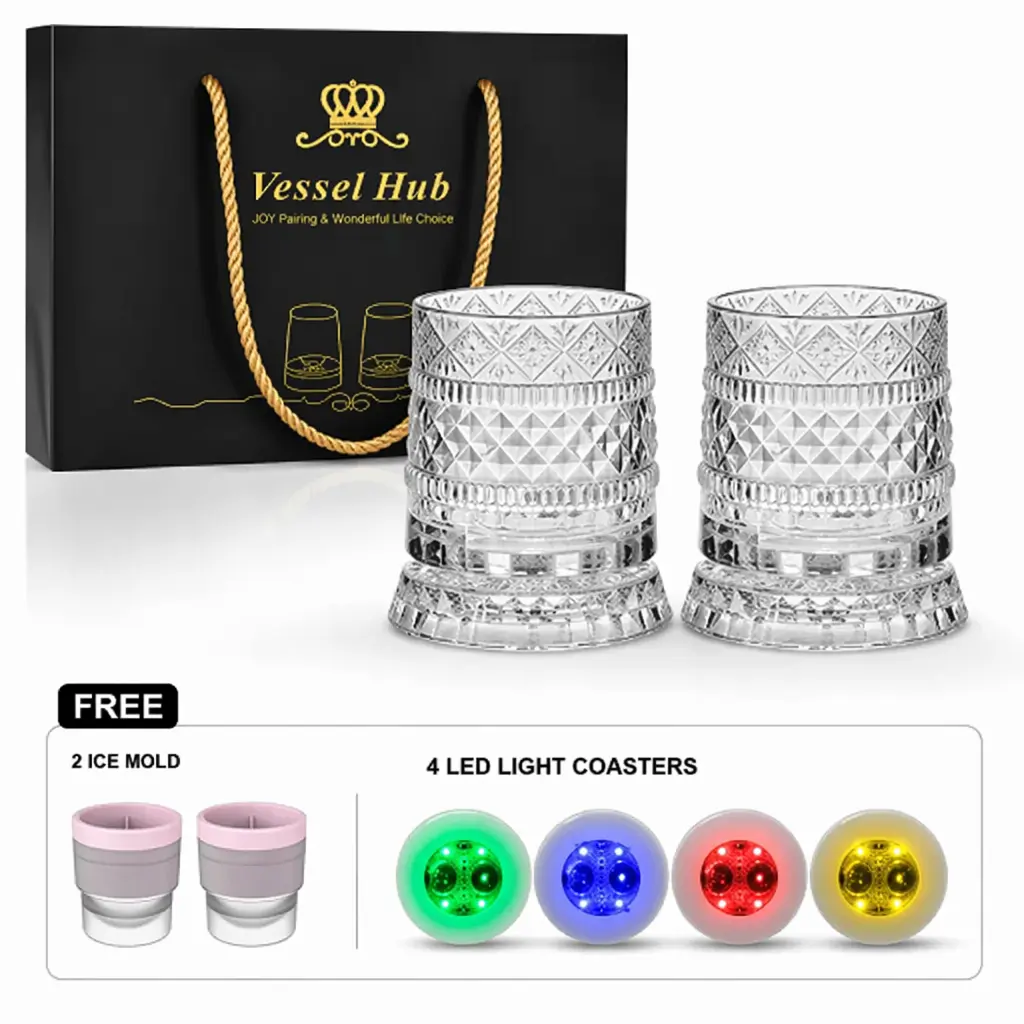 Luxury Rotating Crystal Whiskey Glass Drinkware Father's Day Gift Set – 2 Rotating Glasses & 2 Ice Ball Molds, & 4 Light-up Coasters, Comes with a Beautiful Gift Box, Diamond, Ice Crack & Snowflake Cut Bar Gift Set, summerwins