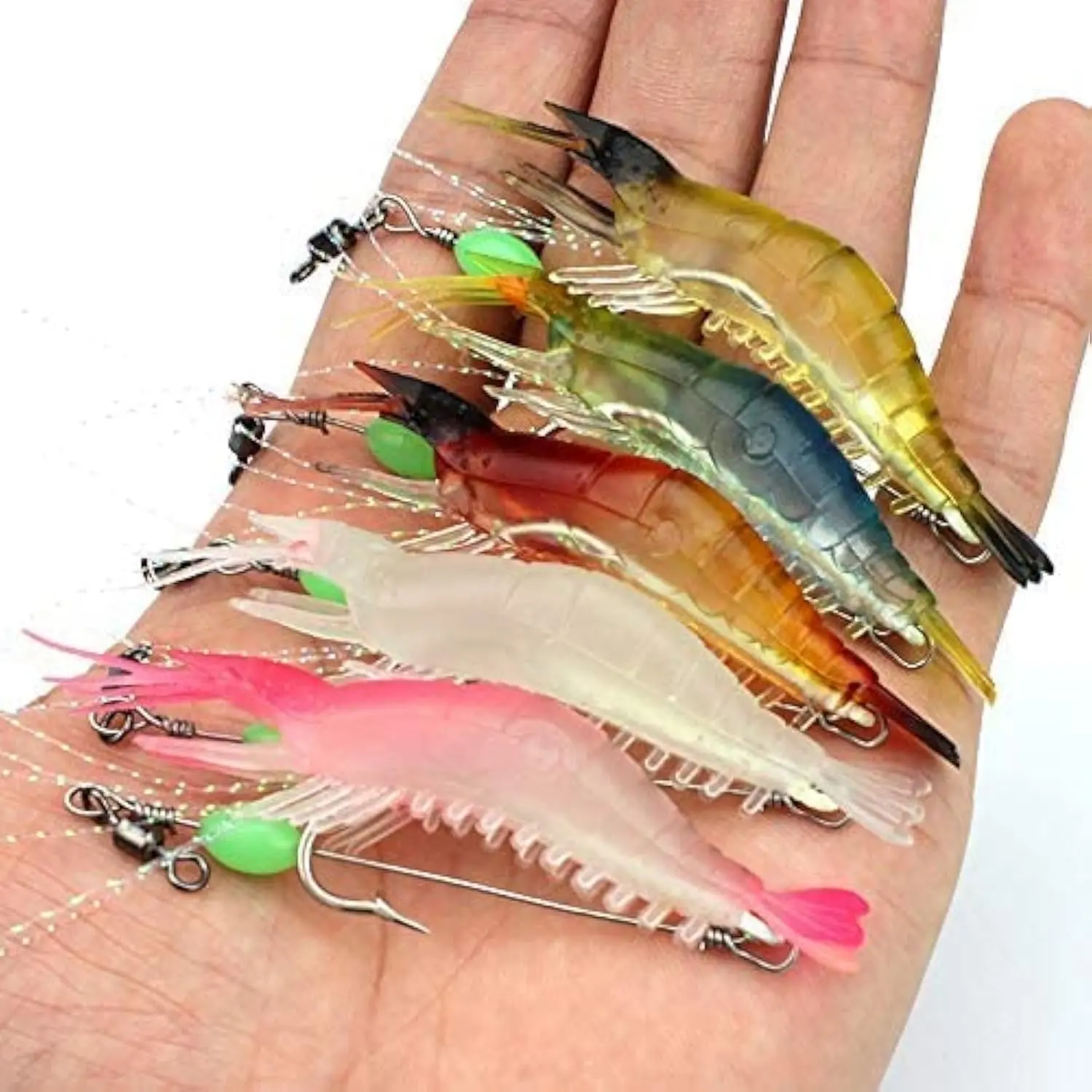 5pcs Soft Luminous Shrimp Lure Set, 5 Colors Shrimp Bait with Hooks and Beads - Fishing Tackles  Freshwater and Saltwater Bass, Trout, Catfish, Salmon