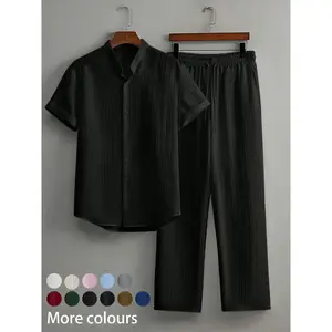 Two-Piece Set Men's Solid Striped Button Shirt & Pants Set, Regular Fit Casual Short Sleeve Collared Top & Trousers, Men's Summer Outfits