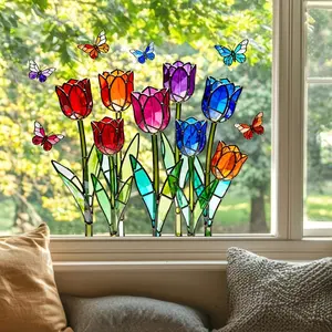 Colorful Tulip Butterfly Static Window Sticker, Reversible Glass Decal, Sunlight Refraction Effect, Kitchen Bedroom Decorative Stickers, Nature