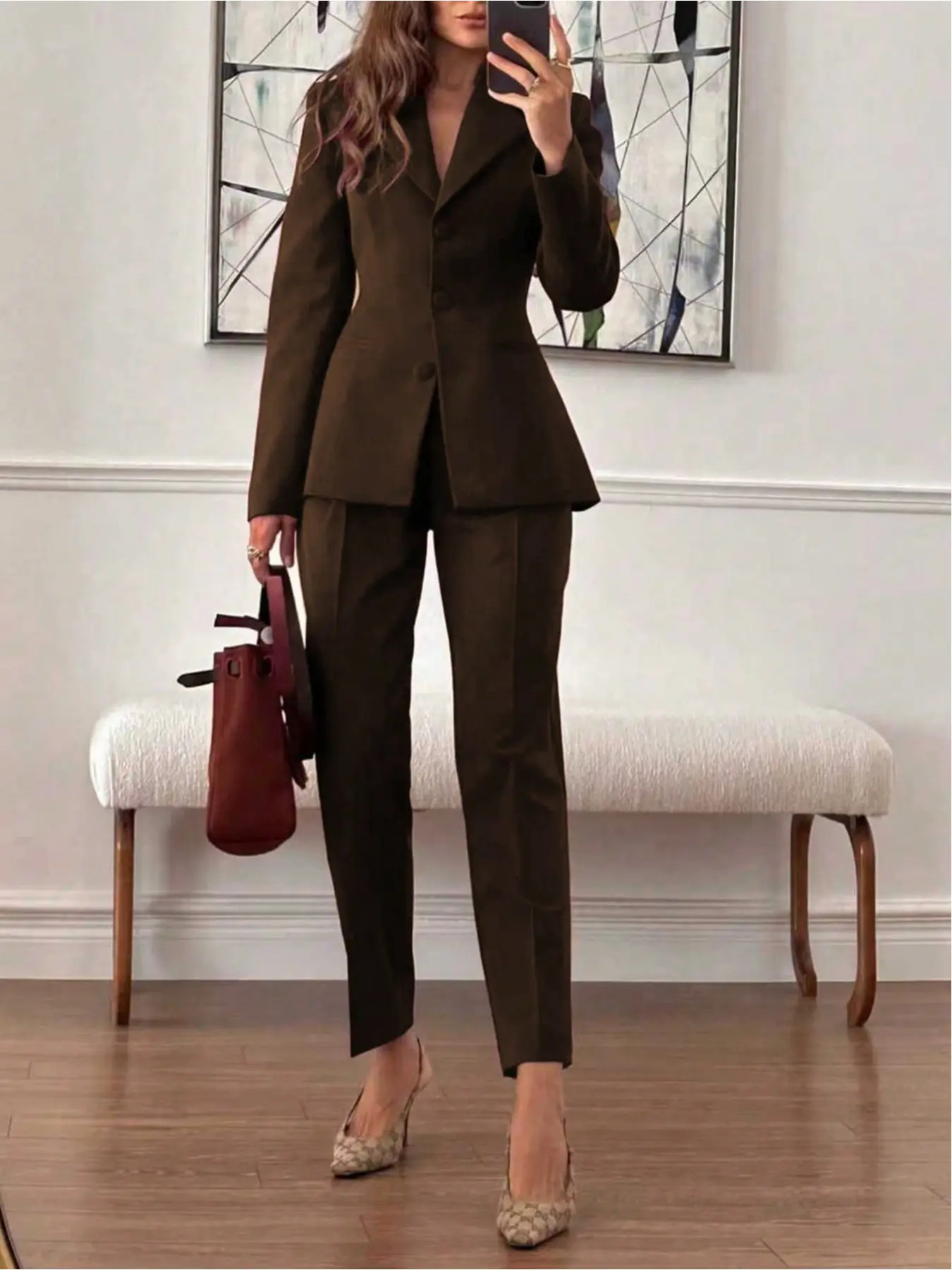 Two-piece set: elegant everyday business commuter outfit, Corporate Outfits Women, suits, simple basic waist-cinching long-sleeve fitted blazer + cuffed 7/8 length trousers, Matching, Chic, Elegance