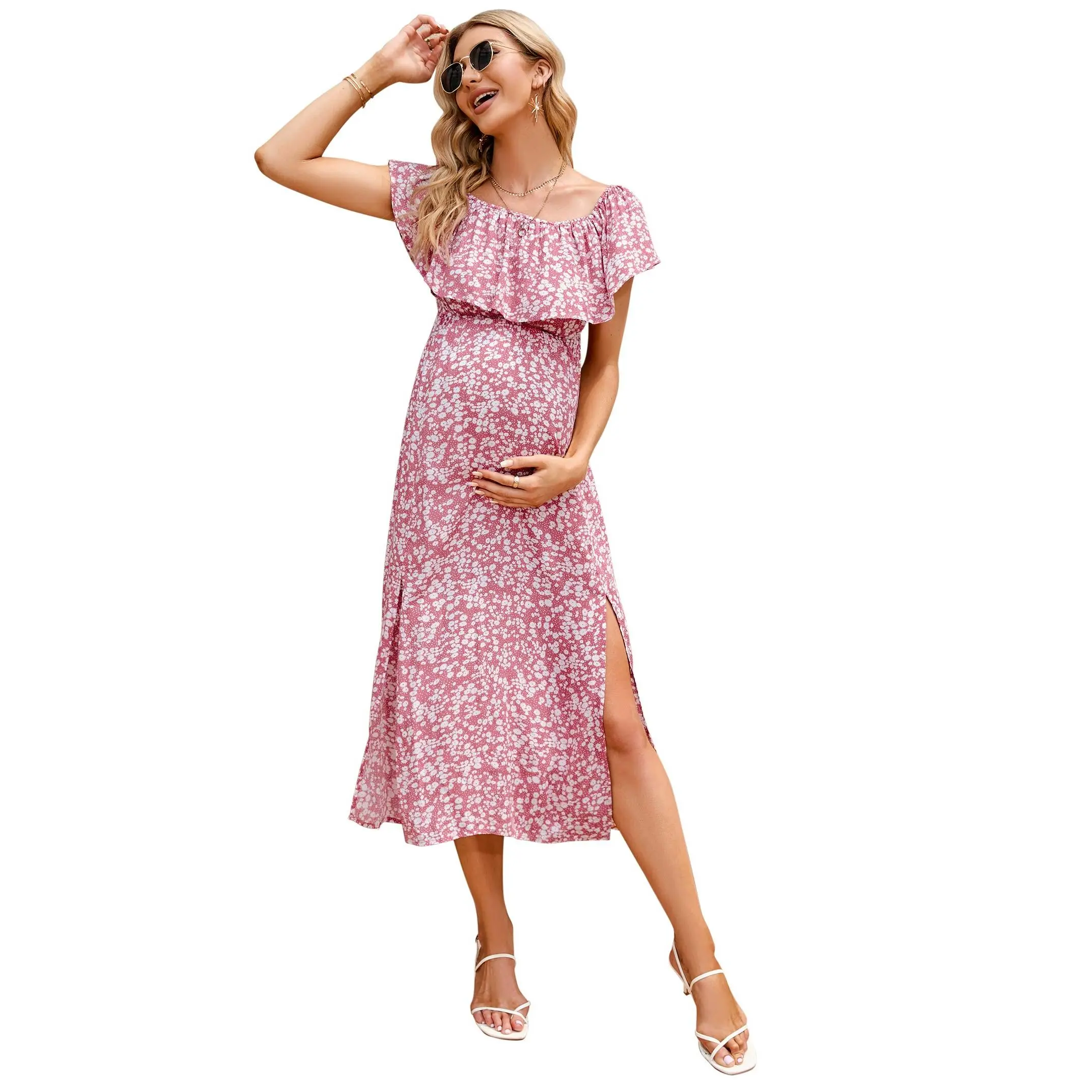 Yesfashion Women’s Off Shoulder Ruffle Slit Maternity Dress – Soft 100% Rayon Pregnancy Gown, Elegant Split Hem Casual & Party Dress, Breathable Stretch Midi Dress for All Trimesters