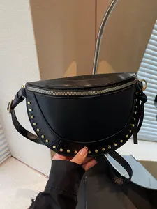 Small and trendy crescent shaped bag with rivet design elements, fashionable and chic solid color single shoulder crossbody bag, convenient and easy to carry, suitable for commuting, leisure gatherings, and street shopping, Hobo Crossbody Bag