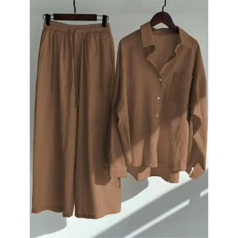 Spring Summer Women's Two Piece Casual Long Sleeve Shirt Women's Suit Fashion Button Casual Female Wide Leg Pants 2 Piece Sets