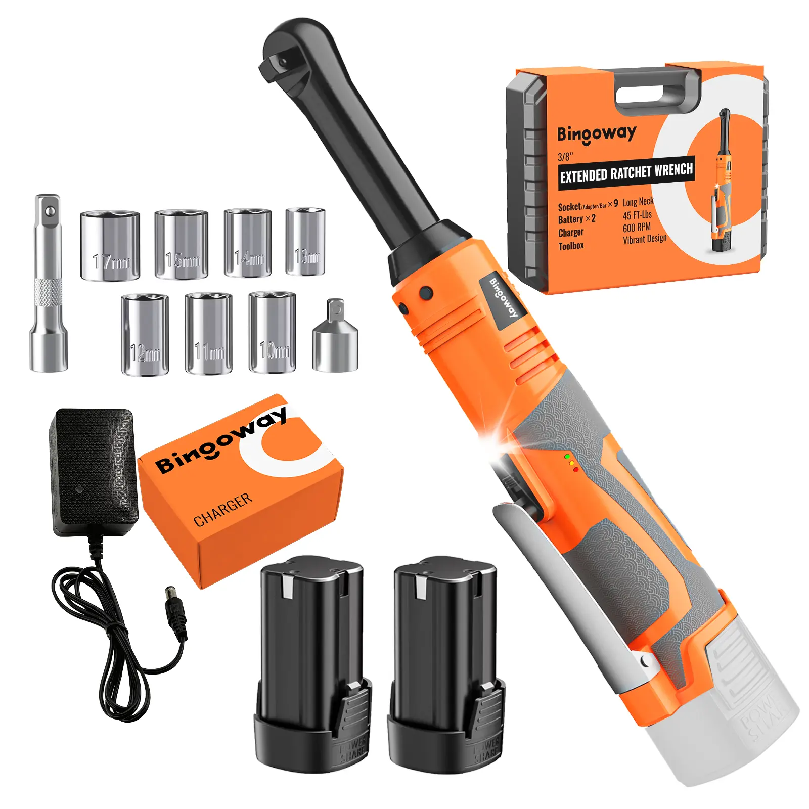 3/8" Extended Electric Ratchet Wrench Set, 61N.m(45ft-lbs) Cordless Long Neck Power Ratchet Wrench Kit with 2pcs 2000mAh 16V Batteries, LED Light, 9 Sockets, Toolbox, Variable Speed, For Housework, Car Repair
