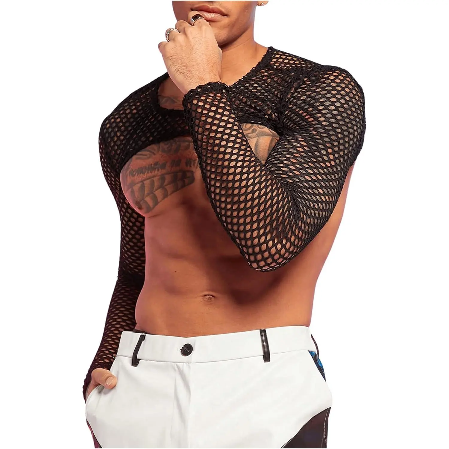 Men's Fishnet Sheer Mesh Long Sleeve T-Shirt Crop Top Slim Fit Party Tee Tops