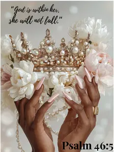Luxury Christian Wall Art Psalm 46:5 God Is Within Her She Will Not Fall Faith Decor with Crown Pearls & Florals Elegant Scripture Print for Living Room Prayer Corner or Office Inspirational Gift for Women of Faith Artistic Decoration Artwork Ornaments
