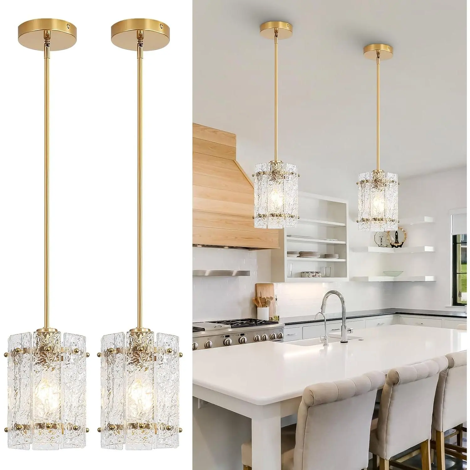 2 Pcs Set Gold Water Ripple Round Hanging Pendant Lights - Adjustable Modern Decorative Lamp, Kitchen Lighting, Ambient Decor Lighting for Kitchen Island, Dining Room