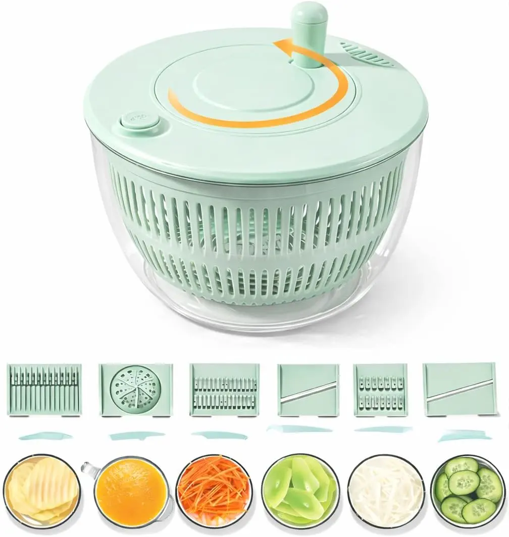 5.3 Qt 3-in-1 Salad Spinner Set, Large Kitchen Gadget with Vegetable-Fruit Washing Bowl, Strainer, 5-Blade Slicer & Egg Yolk Strainer for Efficient Salad Prep, Multifunctional Stainless Steel Food Chopper