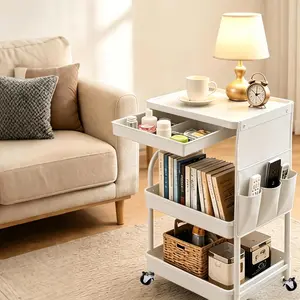 3 Tier Rolling Cart with Wheels and Drawers,Utility Storage Organizer Cart with Fabric Bag & Silent Casters for Nail Art, Makeup, Book, Nursery, Dorm Room Essentials and Kitchen, White