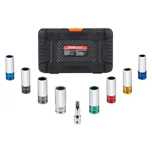 VEVOR 1/2 inch Drive Lug Nut Impact Socket Set - 8 Lug Nut Sizes Metric and SAE 6-Point Deep Socket CR-MO Steel Wheel Socket Set with Storage Case and Extension Bar for Auto Repair