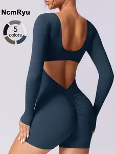 Women's Seamless High Elastic Soft U-Neck Back Hollow-Out Hip Lifter Yoga Suit Four Seasons Outdoor Running Cycling Climbing Walking Fashion Siaman Shorts Gym Sports Training All-match Long-sleeved Shorts, Stretchable Activewear Workout Jumpsuit