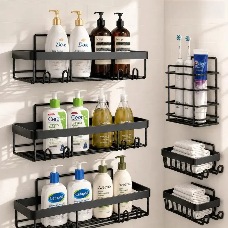 6-Pack Stainless Steel Bathroom Organizer, No-Drill Heavy-Duty Bathroom Shower Caddy with Hooks, Soap Dish, Toothbrush Holder, Waterproof Metal Wall Shelves for Bathroom Kitchen