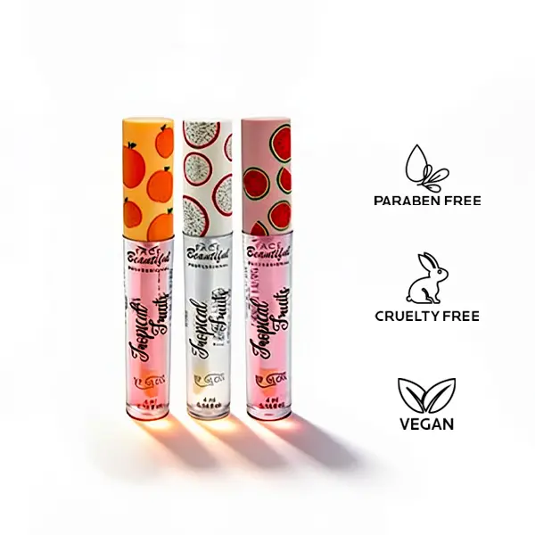 Glossy Wet-Look Lip Gloss Kit by Face Beautiful - Peach, Watermelon & Pitaya Brazilian Trio, Fruity Scented, Non-Sticky Hydrating Shine for Daily Wear, 3 x 4 ml / 0.14 fl oz