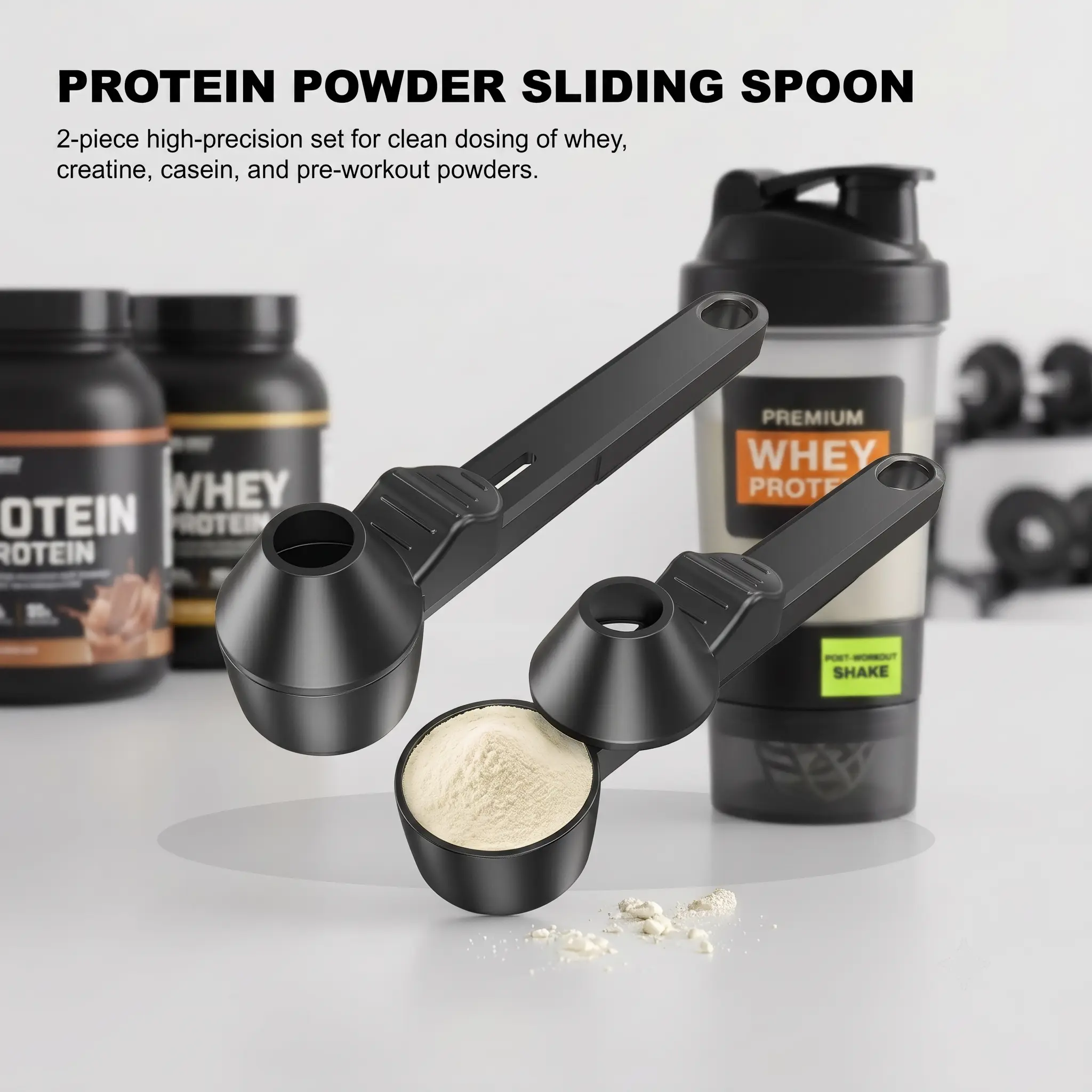 Protein Powder Sliding Spoon Set, 2PCS Leak-Proof Powder Funnel Scoop for Pre Workout, Creatine, Protein Powder, Coffee, Milk, Smoothie & Chocolate Powder, BPA-Free Plastic Kitchen & Gym Utensil Gift