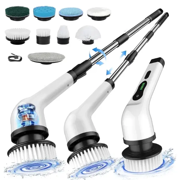Electric Spin Scrubber, Cordless Cleaning Brush with Long Handle & 9 Replaceable Heads, Power Shower Scrubber for Bathroom, Bathtub & Tile Floor