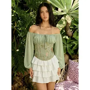 Cider Chiffon Floral Jacquard Scoop Neckline Lantern Sleeve Drawstring Blouse Dealsforyou