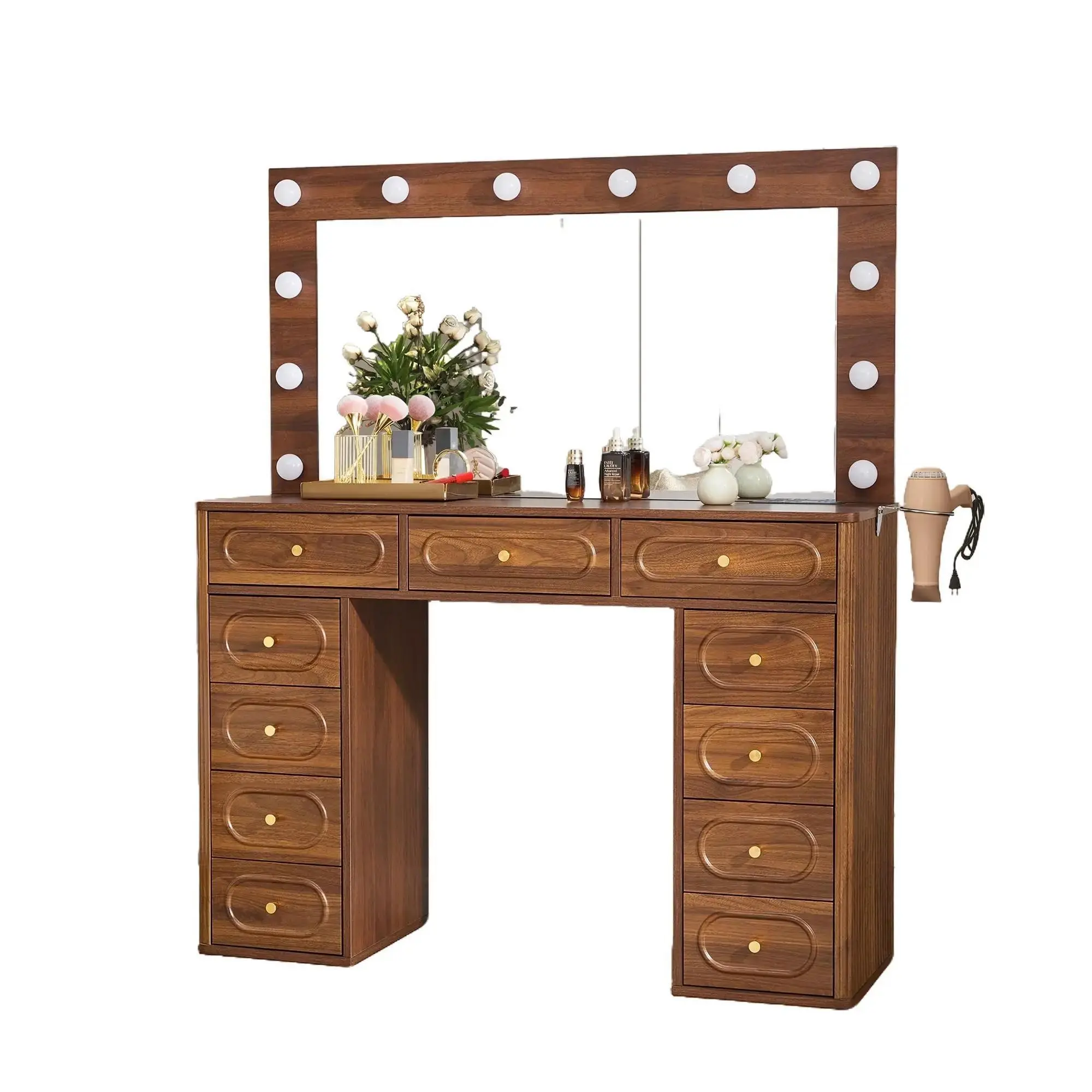 Giratree Fluted Vanity Desk with Lighted Mirror, 11-Drawer Makeup Table with Power Outlets, Hair Dryer Holder, 3-Color LED Lighting, Modern Dressing Table for Bedroom & Living Room