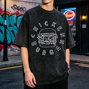 Chicken Burger Art Men's Vintage Washed T-Shirt Chicken Burger Graphic Print Design Oversized Graphic Tee Outdoor Casual Short Sleeve