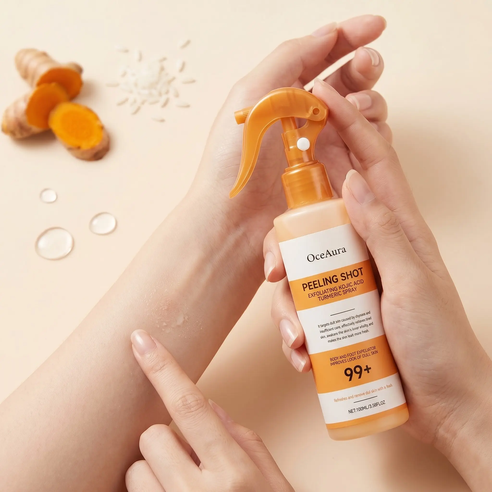 Kojic Turmeric Exfoliating Spray 100ML, Soften Keratin, Improve Skin Texture, Brighten Dark Spots, Gentle Moisturizing Hydrating Daily Body Care Moisturizer, Brightening Exfoliating Moisturizing, Suitable for All Skins