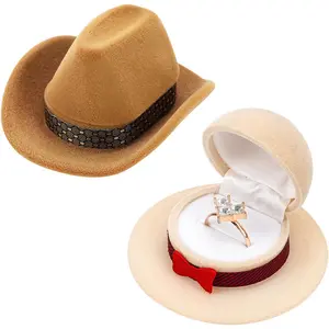 Velvet Cowboy Hat Ring Box for Women – Creative Western Cowgirl Jewelry Storage Case for Engagement Wedding