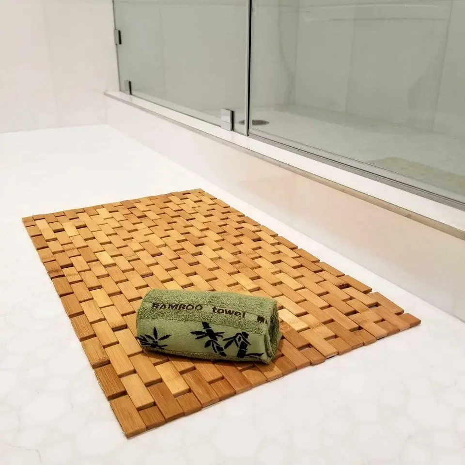 Bamboo Bath Mat & Bamboo Hand Towel Luxurious Shower Mat Eco-Friendly for Bathroom & Kitchen Large 27" x 16" Traditional