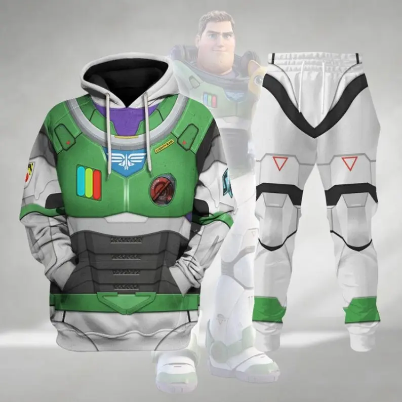 Buzzzzz Light Costume Hoodie and Jogger Set, Green Purple White Astronaut Inspired Pullover Sweatshirt with Matching Jogger Pants, Retro Toy Hero Cosplay Outfit, Sci-Fi Fan Gift
