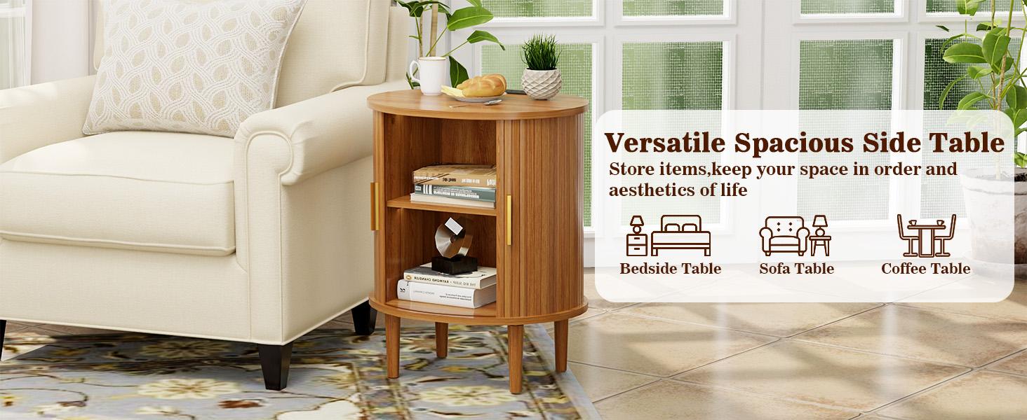 DHH Modern Yellow Oak Oval Nightstand with Charging Station, Aesthetic Bedside Table with Power Outlets, Versatile Fluted End Table for Living Room, Bedroom & Entryway