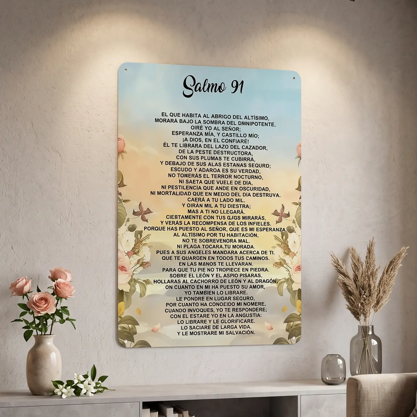Unframed Salmo 91 Spanish Scripture Verse Cotton Canvas Poster - Artistic Watercolor Pink Floral Sky Design, Oración de Protección Wall Decoration for Living Room Home Religious Decor